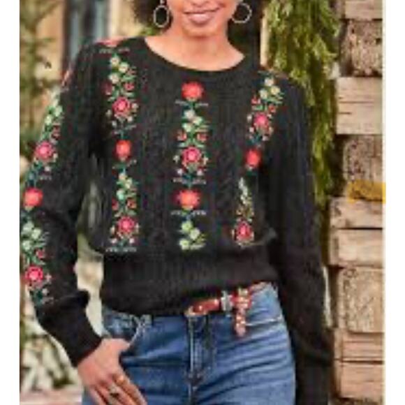 Sundance Medium Cashmere Wool Blend Boho Floral Cable Knit Embroidered Sweater - Picture 8 of 8